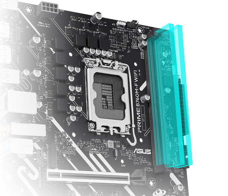 PRIME B760M-F WIFI 配备华硕增强型内存配置文件 2.0 (AEMP 2.0),可训练内存套件并优化频率速度,释放 DDR5 性能。条形图介绍 AEMP II 配置文件,其内存速度比基准 DDR5 规格快达 37.5%。