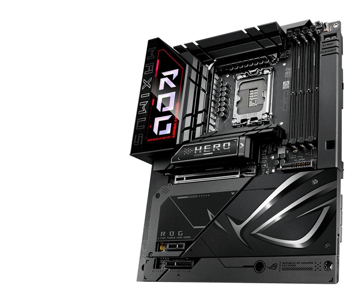 The ROG Maximus Z890 Hero BTF left sided angle