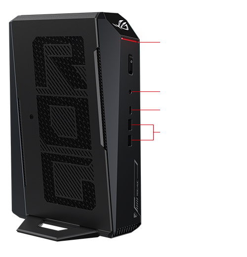ROG NUC 2025 的右前方视角，展示着 ROG 字样