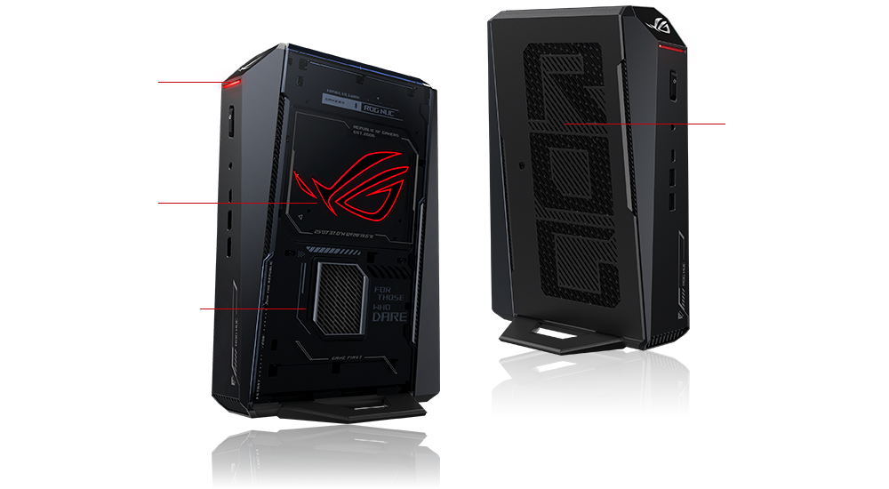 ROG NUC 2025 的正面与背面，展示着 ROG 信仰之眼