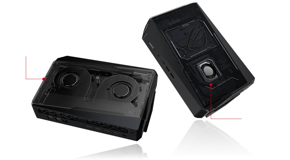 ROG NUC 2025 内部散热系统特写，展示 CPU 风扇与 SSD 散热器