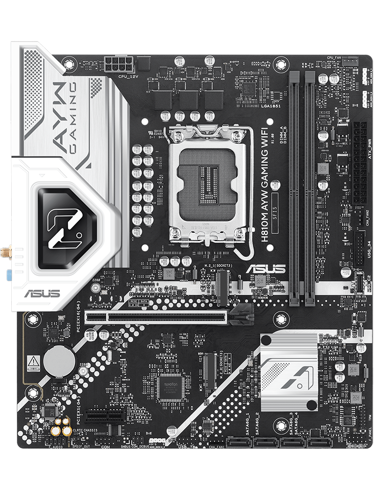 H810M AYW GAMING WIFI motherboard front view, floating in space. 