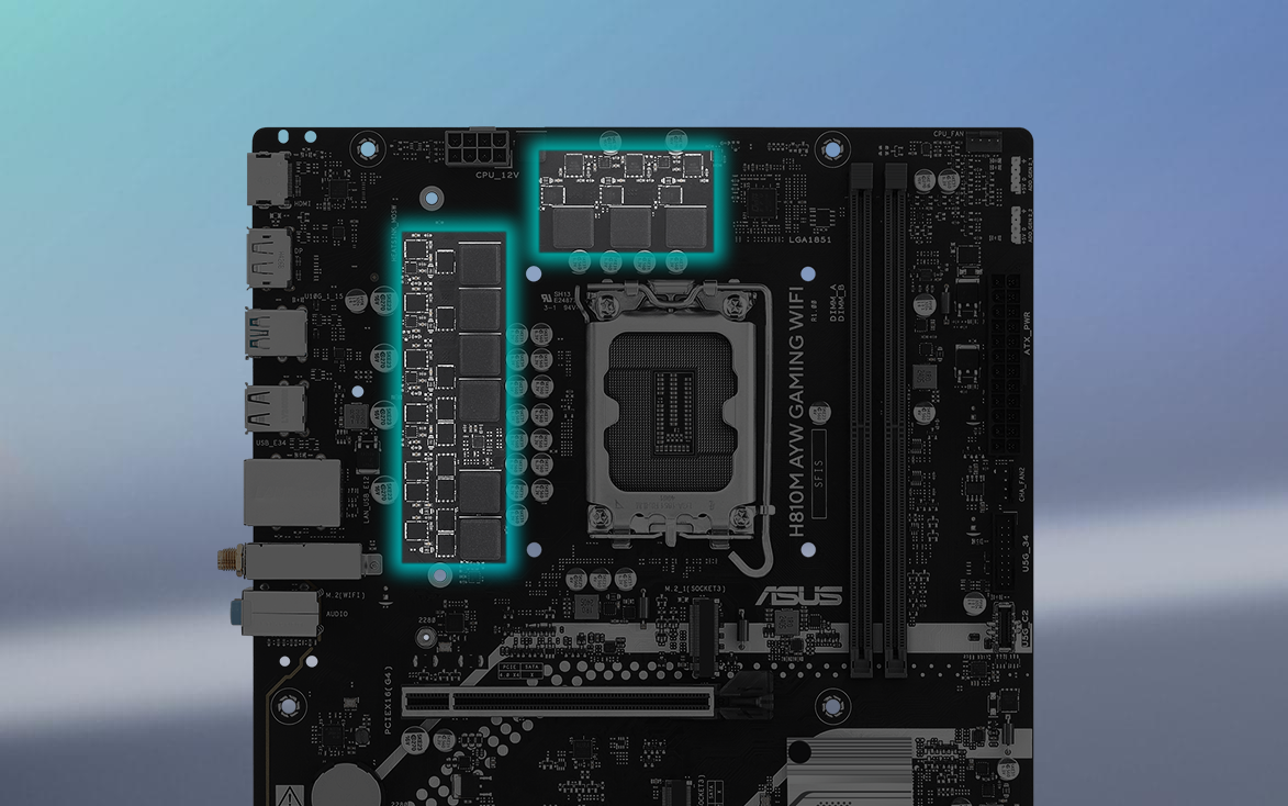 Angled top-down view of H810M AYW GAMING WIFI motherboard. 