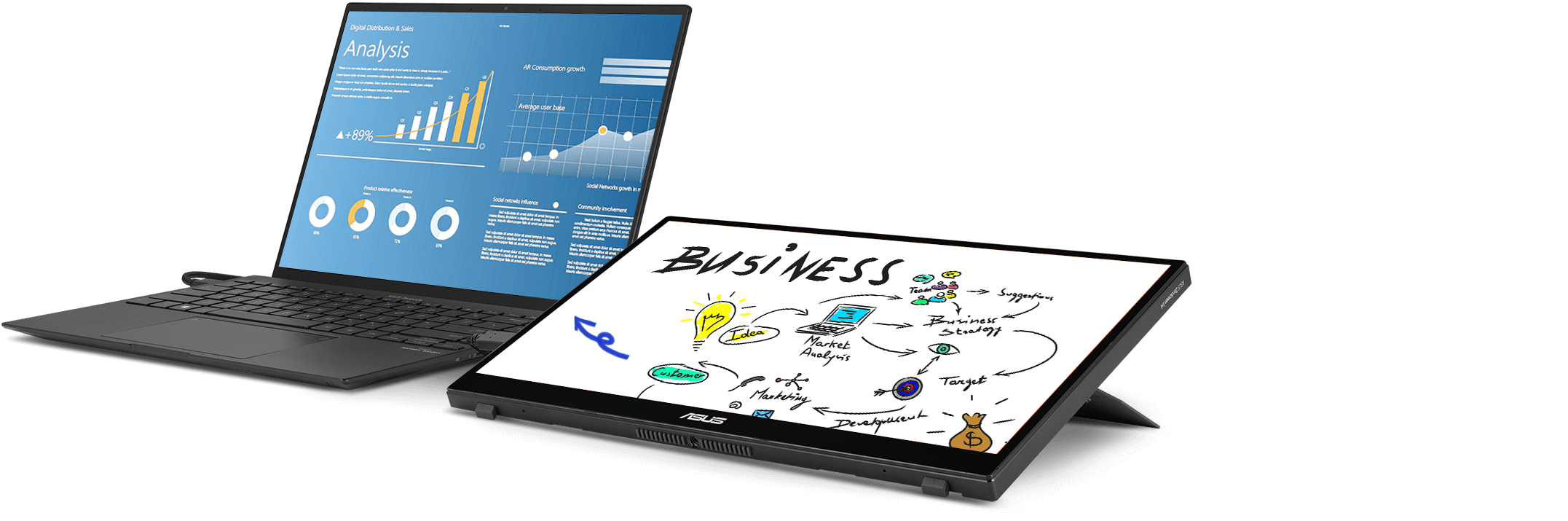 A montage shows ZenScreen Ink in a variety of orientations, including with ASUS Pen touching the display. There is also a close-up of ASUS Pen, showing its physical controls.