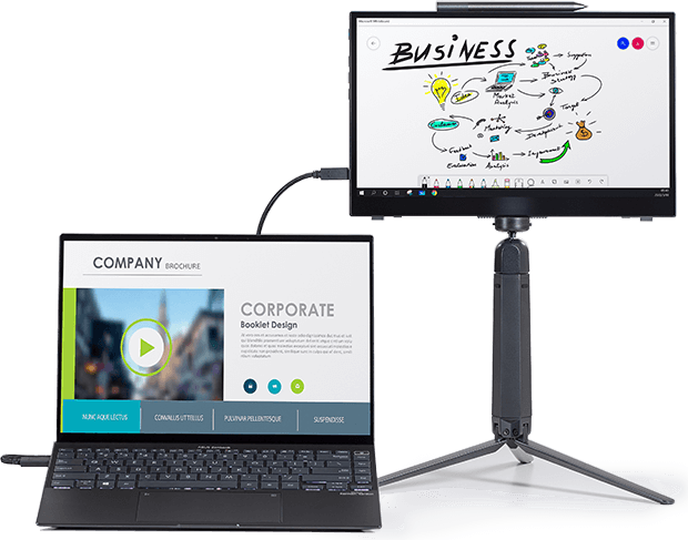 ZenScreen Ink is shown attached to a tripod, and being used as a second screen to a connected laptop.