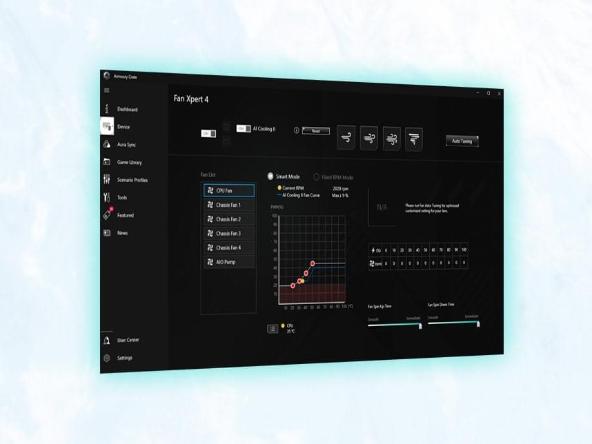 UI for Fan Xpert 4 cooling controls.