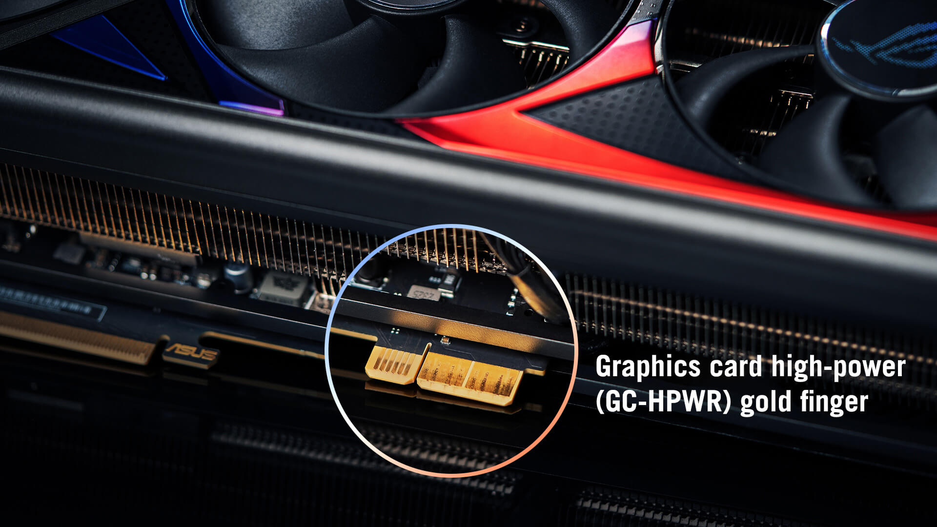 ROG Strix GeForce RTX™ 4090 BTF Edition 显卡 PCIe 大功率连接器特写画面。