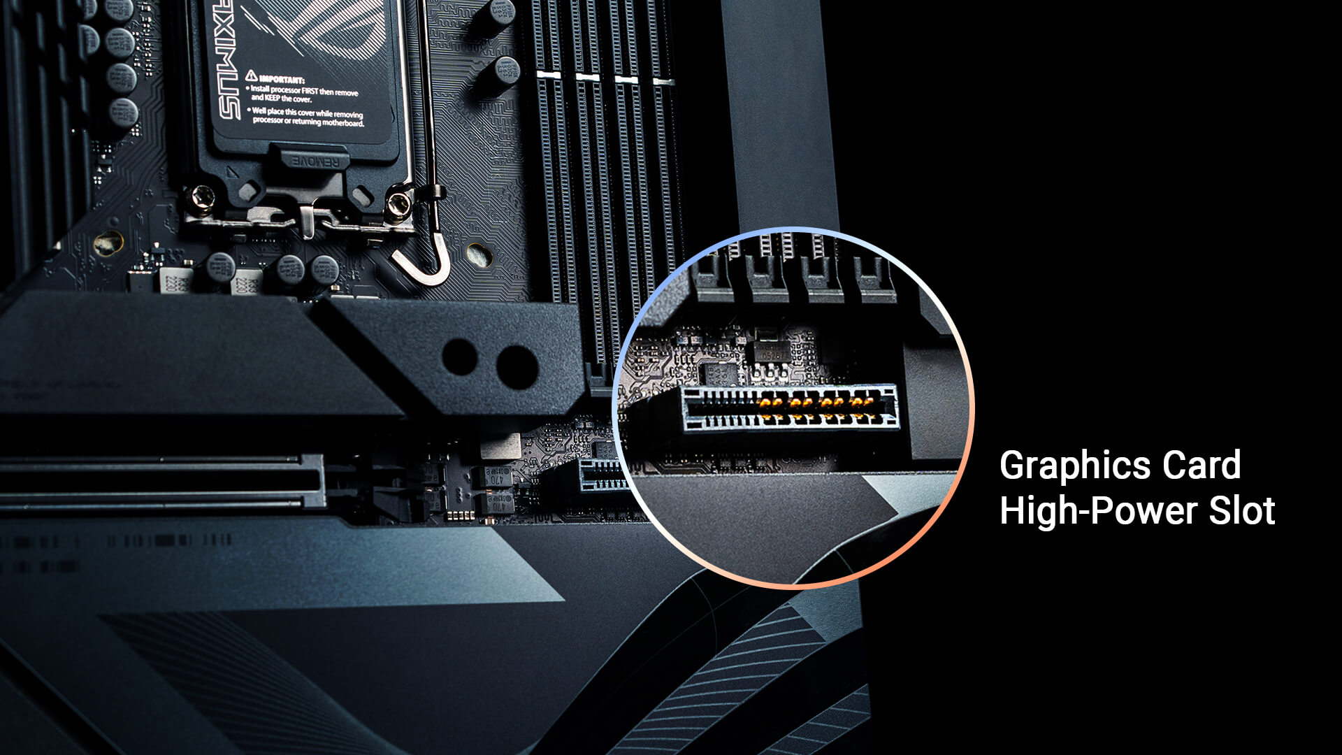 ROG MAXIMUS Z790 HERO BTF 主板显卡大功率插槽特写画面。