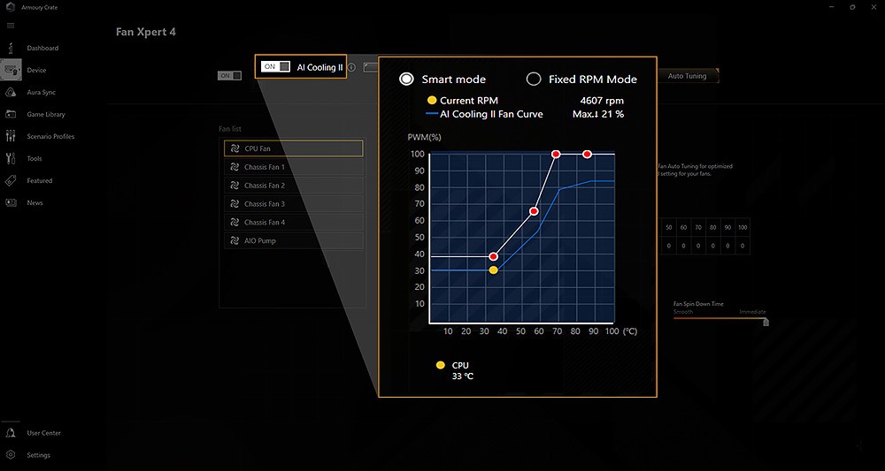 An Armoury Crate‘s UI to show AI Cooling can be setup by one click