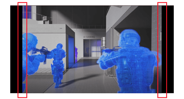 Screenshot of three soldiers with guns raised, there are black bars on the left and right of the image when the 边界检测 feature is activated