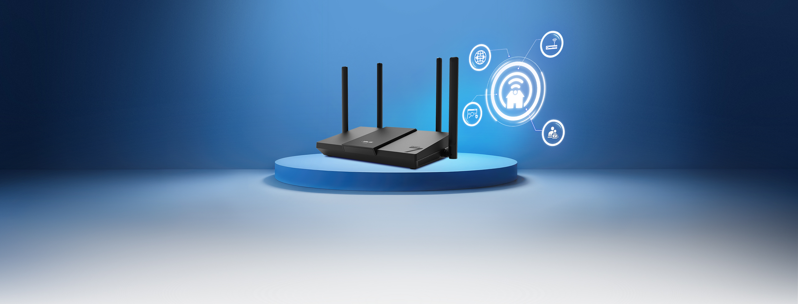 RT-BE57 standing on a podium with a smart home panel showing the extendable network features