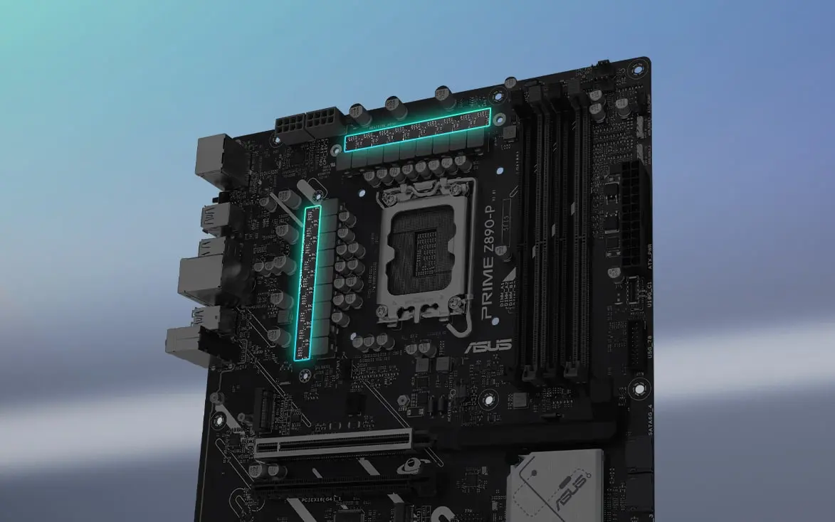 Angled top-down view of PRIME Z890-P motherboard. 