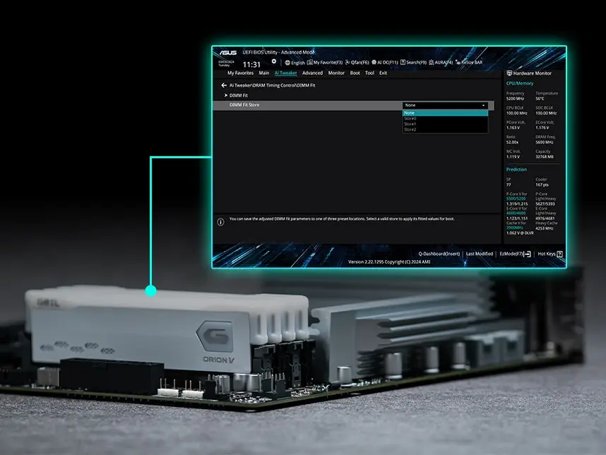 Graphic marking the location of DIMMs and showing the UI of the feature DIMM Fit. 