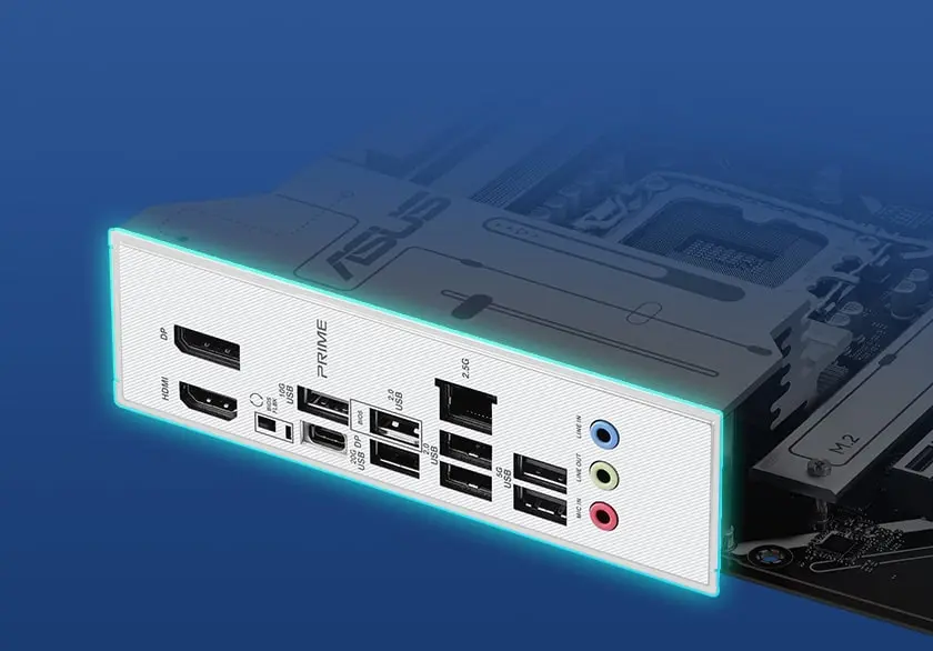 Graphic depicting the PRIME Z890-P pre-mounted I/O Shield.