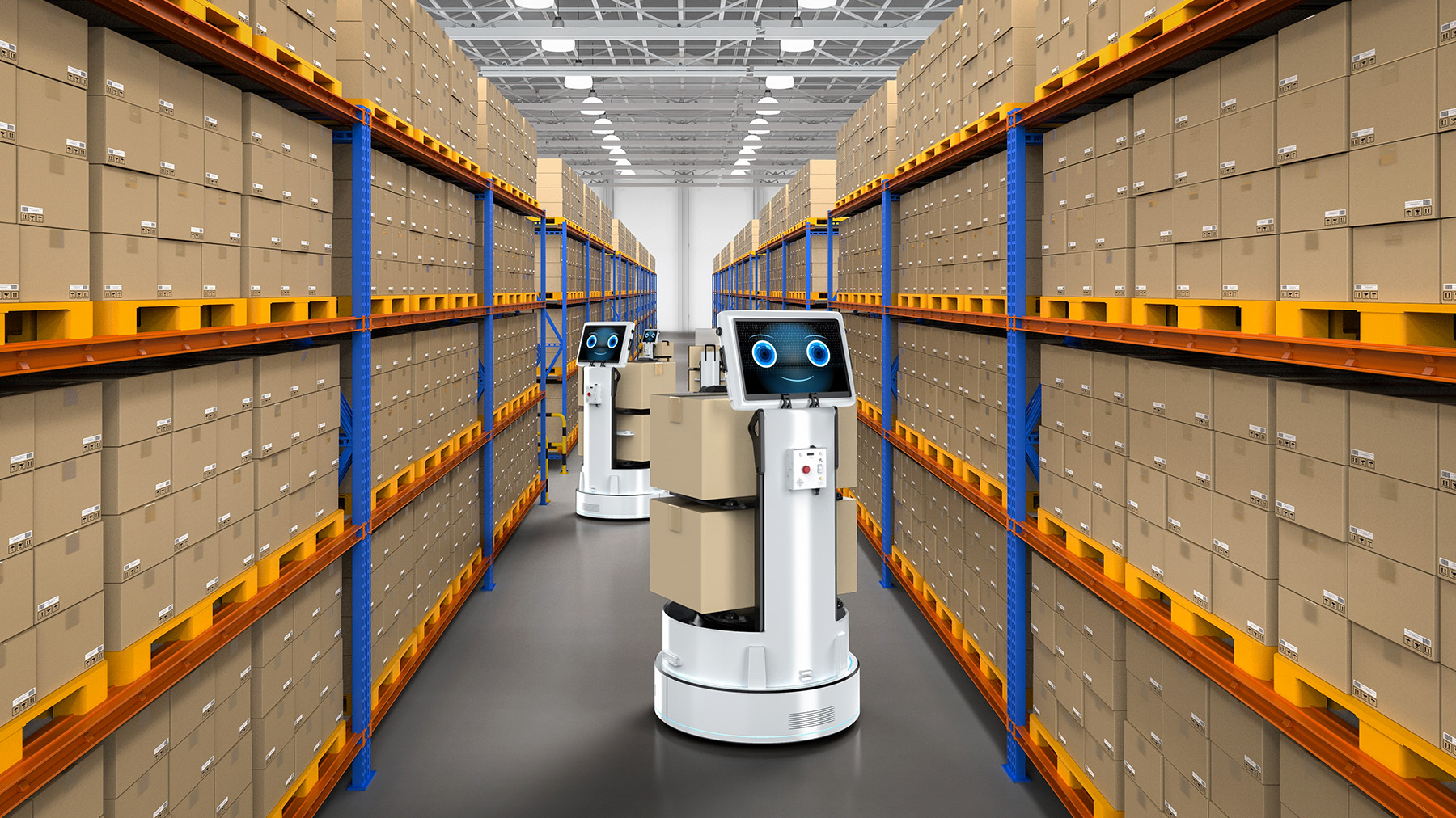 Autonomous mobile robot transporting goods in a warehouse