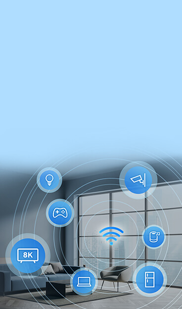 智能家居设备图标围绕WiFi符号旋转。