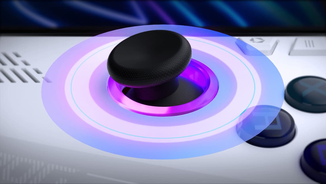 Extreme close-up of a joystick on the ROG Ally, with the joystick deflected.