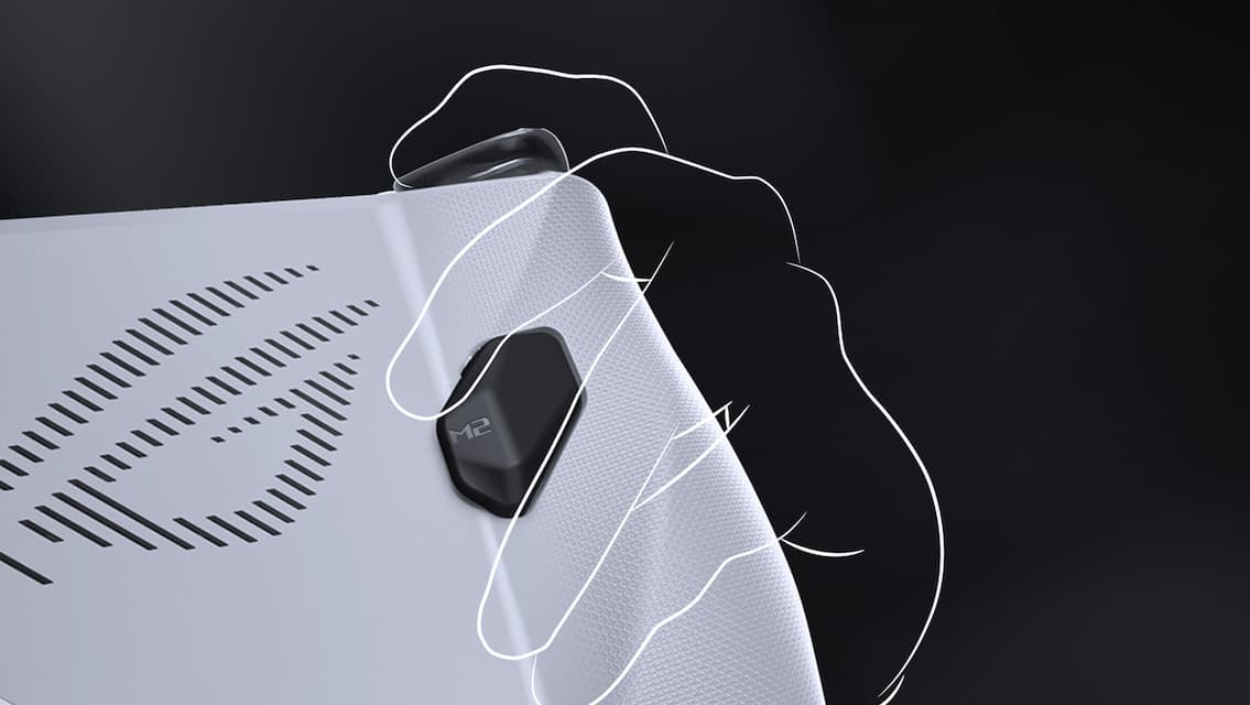 ROG Ally seen from the rear, with a simulated wireframe cutout of a hand on the grips.