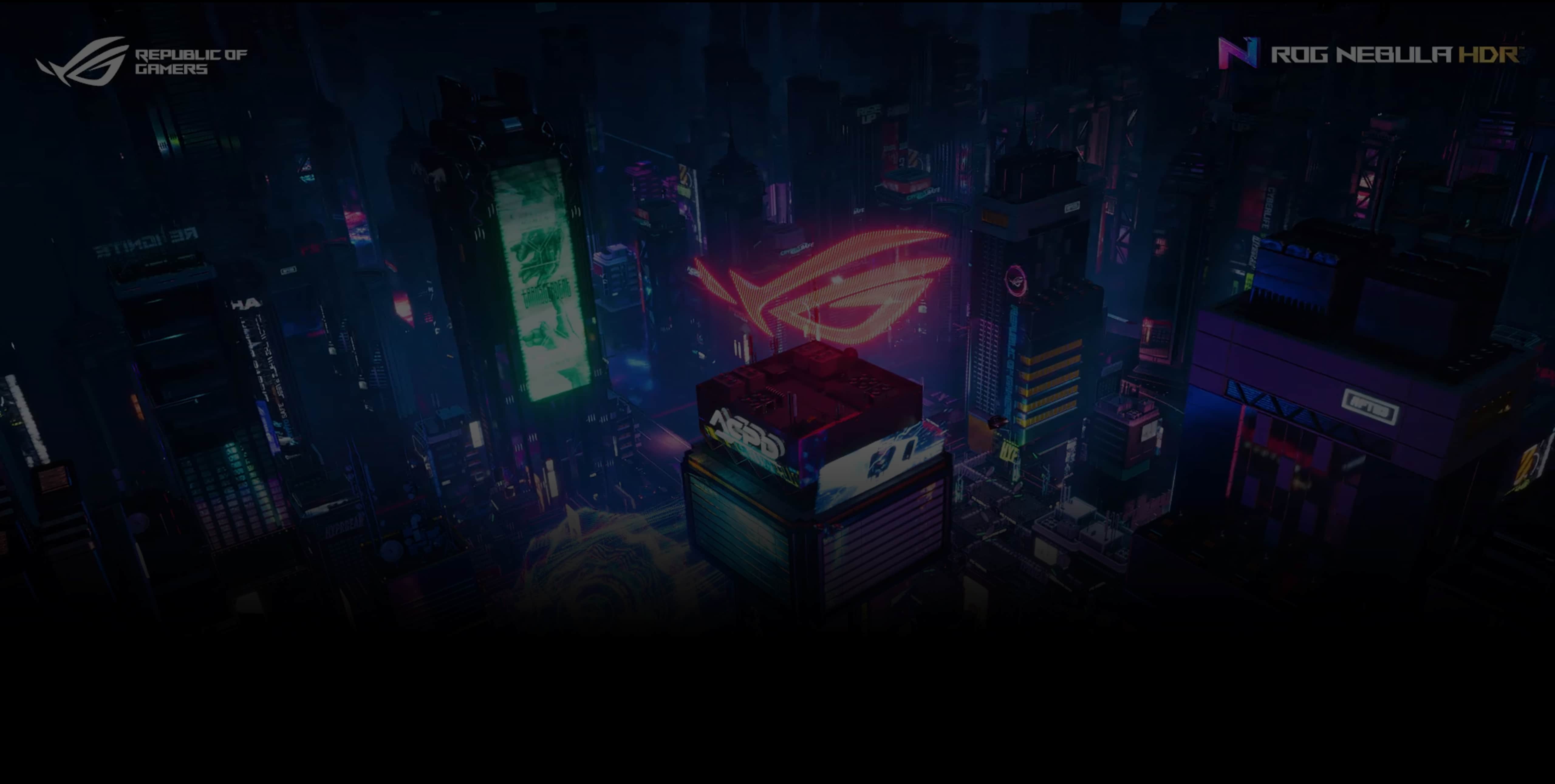 城市景观的 3D 渲染图,其中一栋建筑物顶部有 ROG 标志。