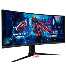 An illustration showing ROG Strix XG349C can be adjusted for height, angle and inclination