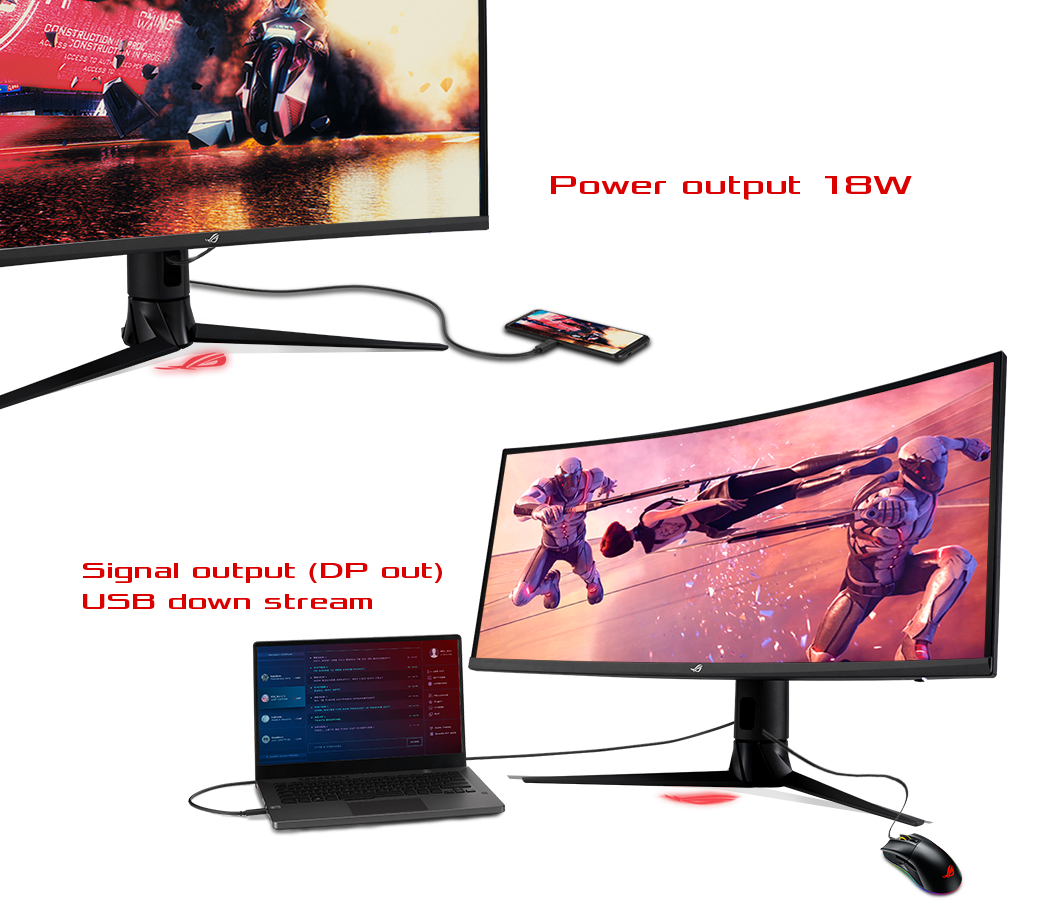 ROG Strix XG349C shown charging a mobile phone through the USB-C port on the monitor and The mouse can control laptop by connecting ROG Strix XG349C
