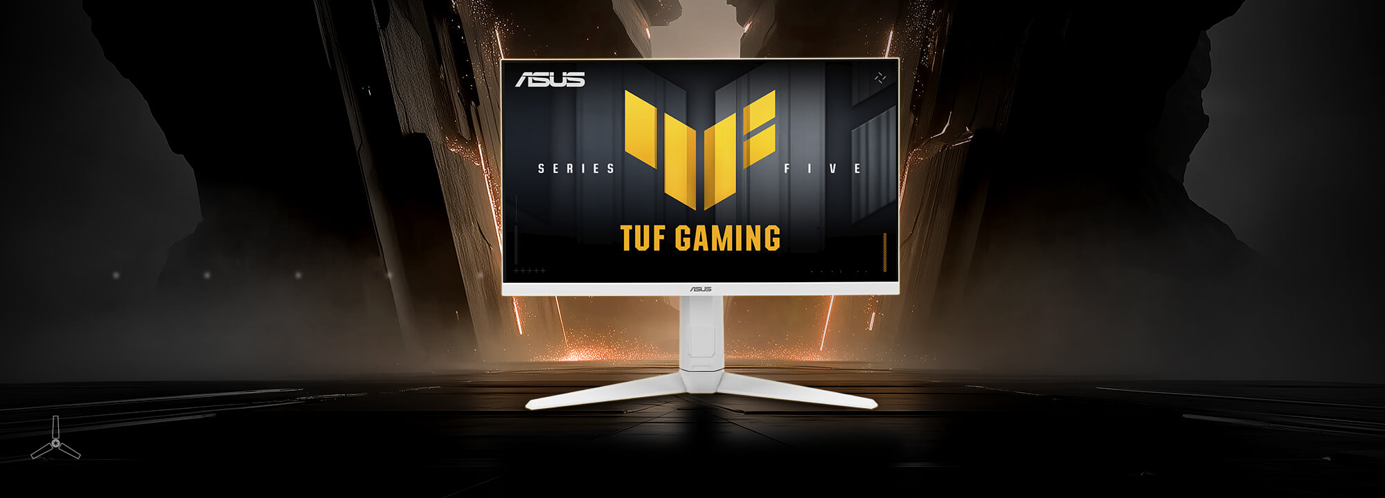 The TUF Gaming monitor VG27AQML5A-W displaying vibrant, colorful graphics with the TUF logo at its center.
