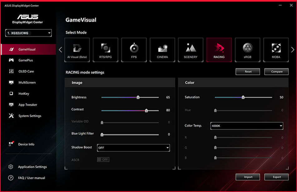 Screenshot of the new ASUS DisplayWidget Center UI showing system settings, OLED functions, and more.