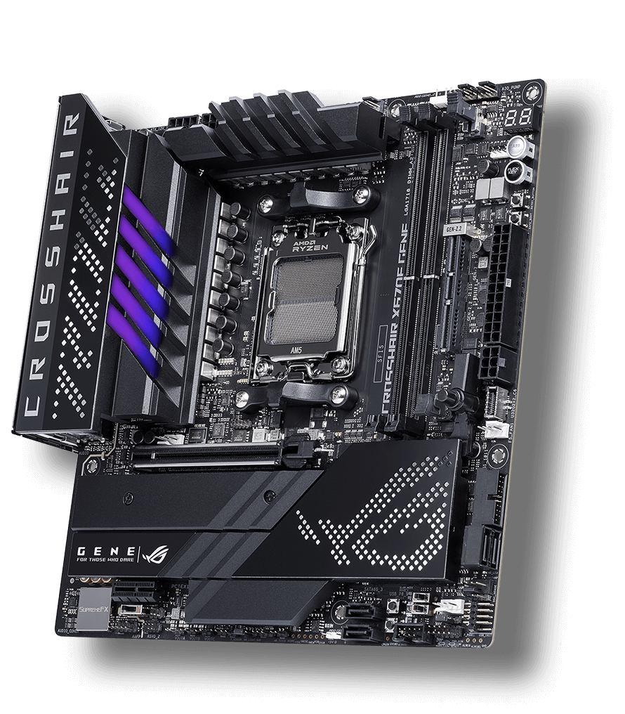 The ROG Crosshair X670E Gene is the compact powerhouse of the ROG stack.