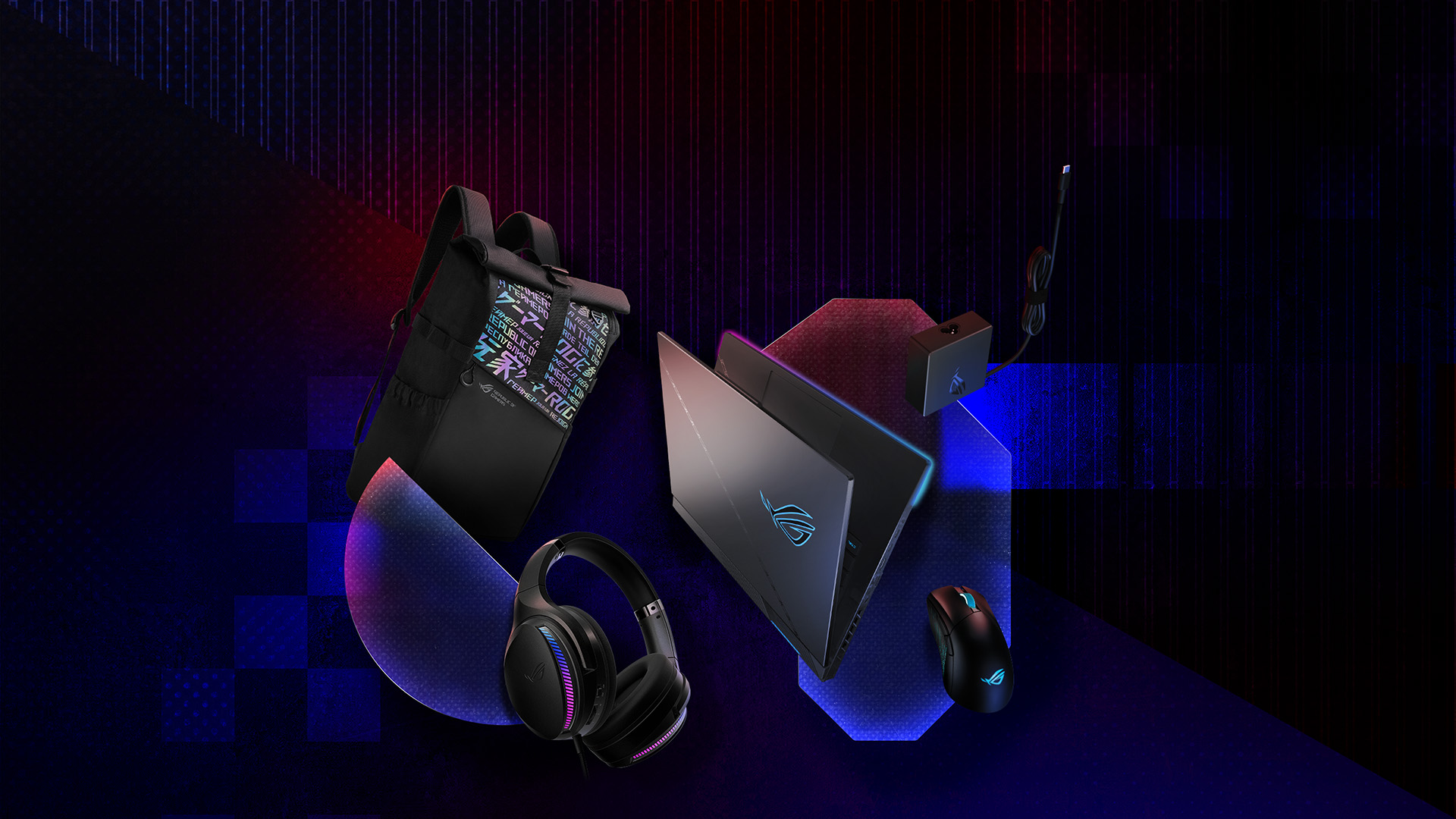 In front of an ROG patterned background, from left to right; an ROG backpack, ROG Fusion II 300 headset, SCAR 18, 100W adapter, and ROG Strix Gladius III mouse.