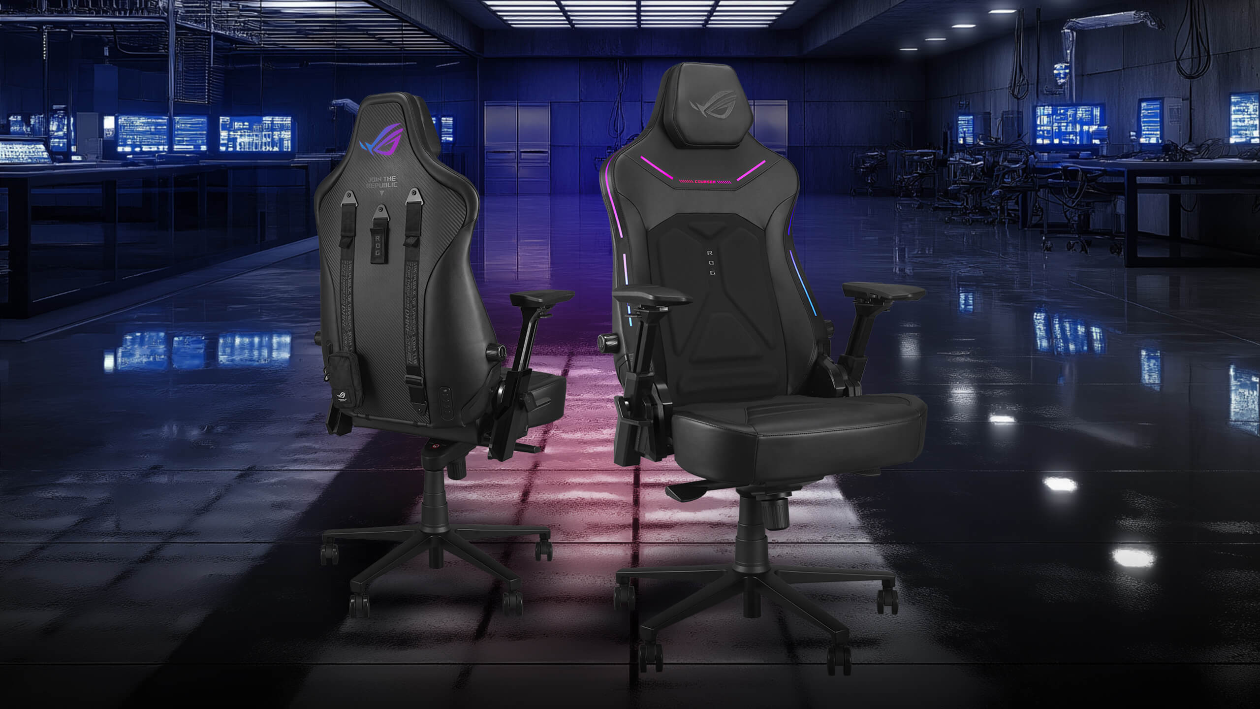 ROG Courser 电竞椅展示于充满未来感的电竞游戏室环境中