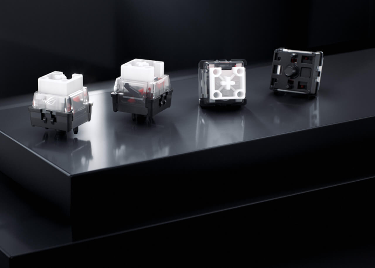 Four ROG HFX V2X magnetic switches, showcasing different angle views