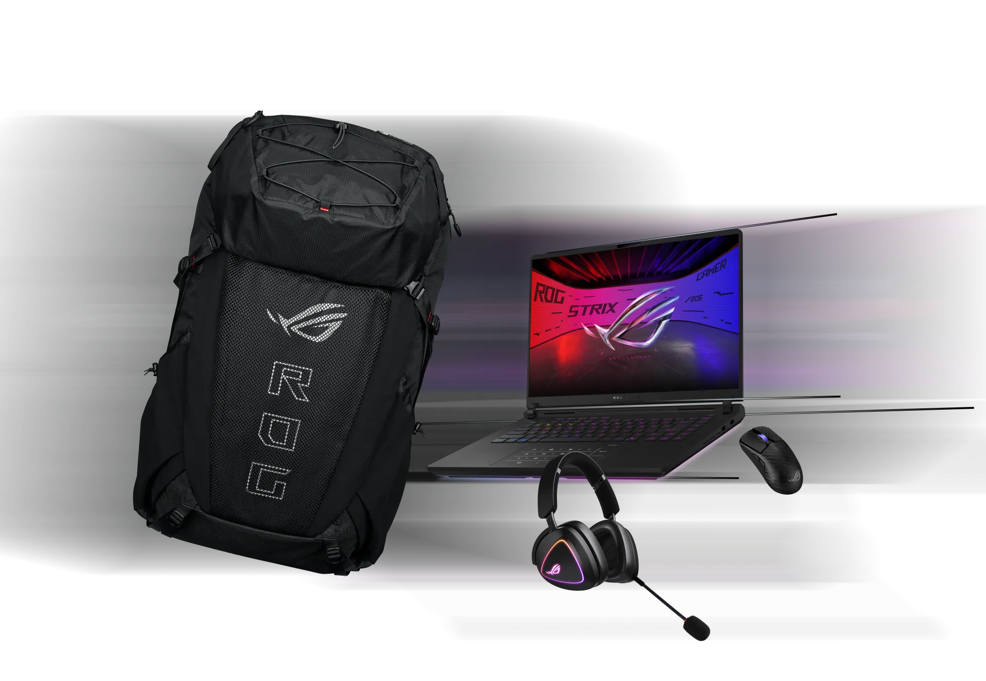 From left to right; an ROG Archer ErgoAir Gaming Backpack, ROG Delta II headset,枪神9 超竞版, and ROG Harpe Ace Extreme mouse.