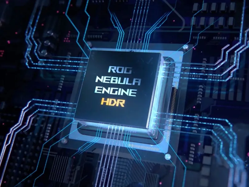 主板上写有 ROG Nebula Engine HDR 的风格化芯片的图像。