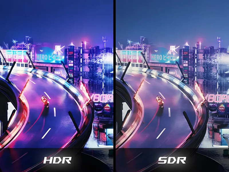 两张图像的并排比较,左侧图像是 HDR,具有突出的高光和对比度,右侧是 SDR,具有更柔和和褪色的色彩。