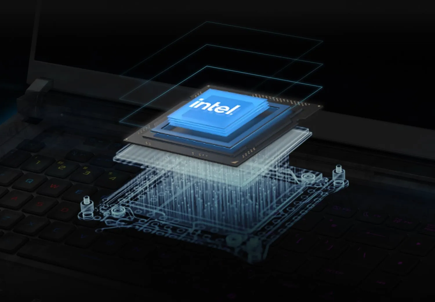 一个 Intel CPU 出现在笔记本电脑键盘下方。