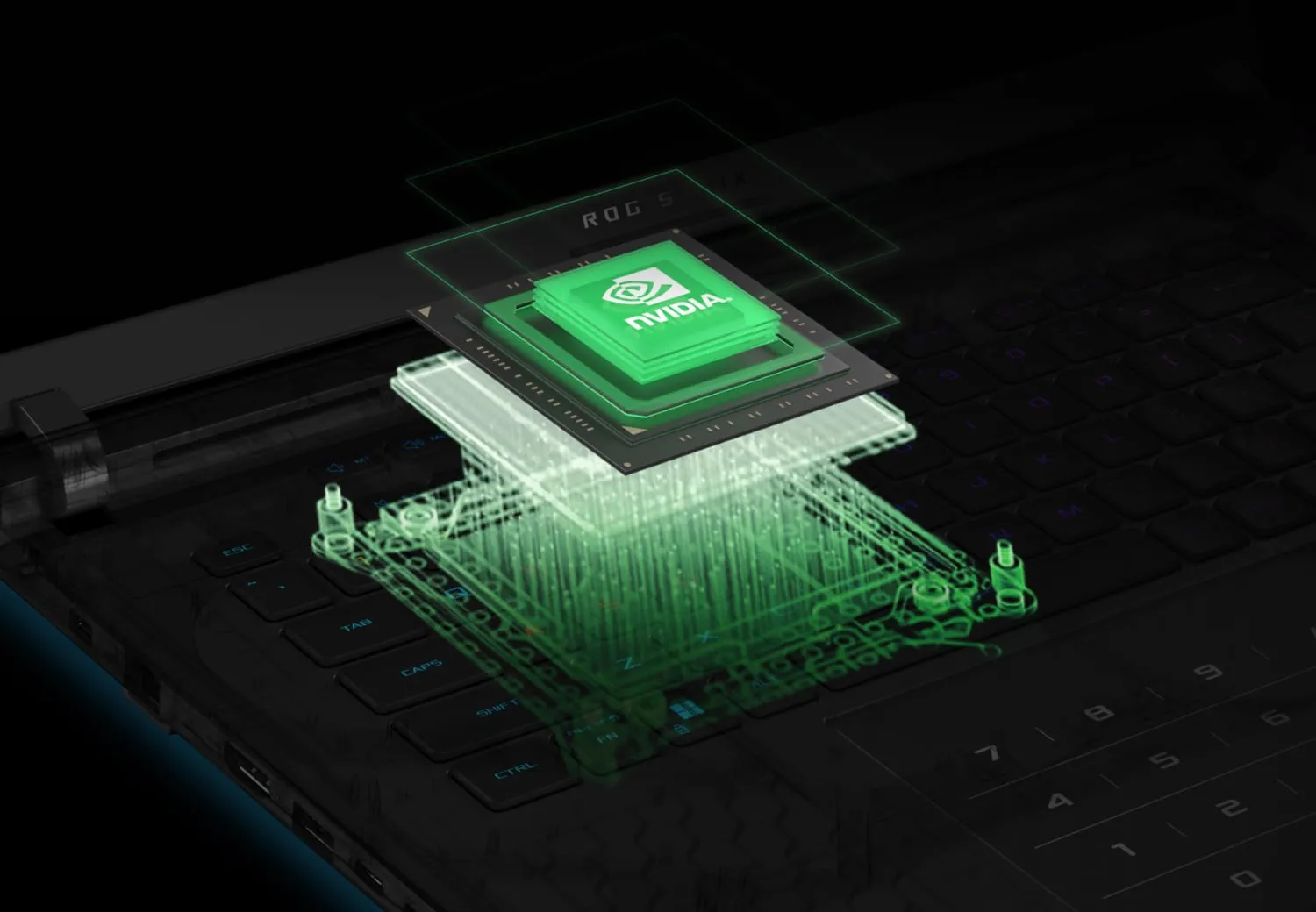 从笔记本电脑键盘下方显示的 NVIDIA GPU。