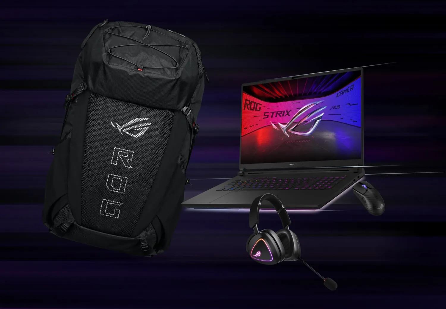From left to right; an ROG Archer ErgoAir Gaming Backpack, ROG Delta II headset,枪神9 超竞版, and ROG Harpe Ace Extreme mouse.