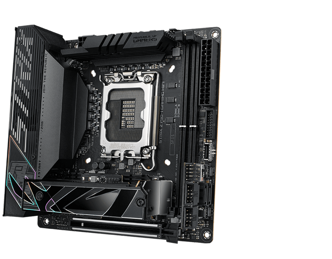 The ROG Strix Z790-I front and back designs offer a clean, modern aesthetic