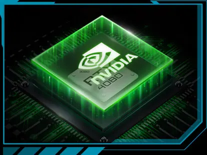 电路板上的蓝色方块，内部有 NVIDIA 标志。