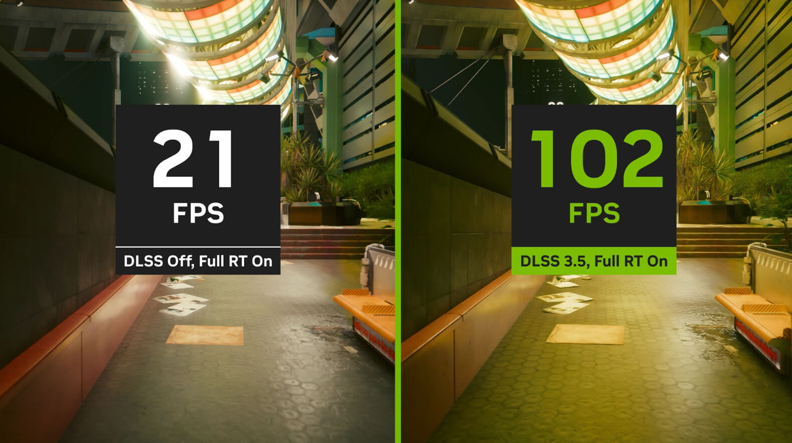 《电驭叛客 2077》游戏画面性能对比，左为未使用 NVIDIA DLSS，右为使用 DLSS
