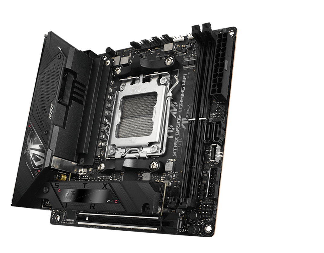 The ROG Strix B650E-I front and back designs offer a clean, modern aesthetic