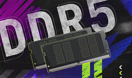在模糊的紫色背景前，展示DDR5内存模块的2D线框。