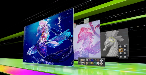 图片为使用 3D 创作软件的海马图像，在三个面板上显示建模和着色等各个阶段。
