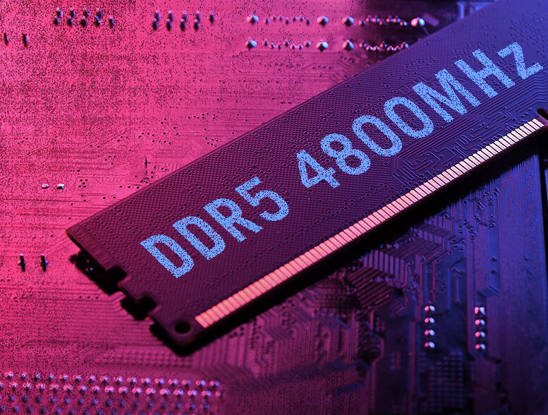 DDR5 4800MHz RAM 模块的风格化 3D 渲染。