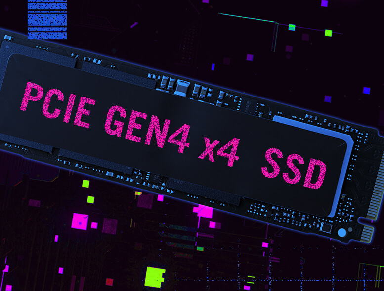 PCIe Gen4 NVMe SSD 的风格化 3D 渲染。