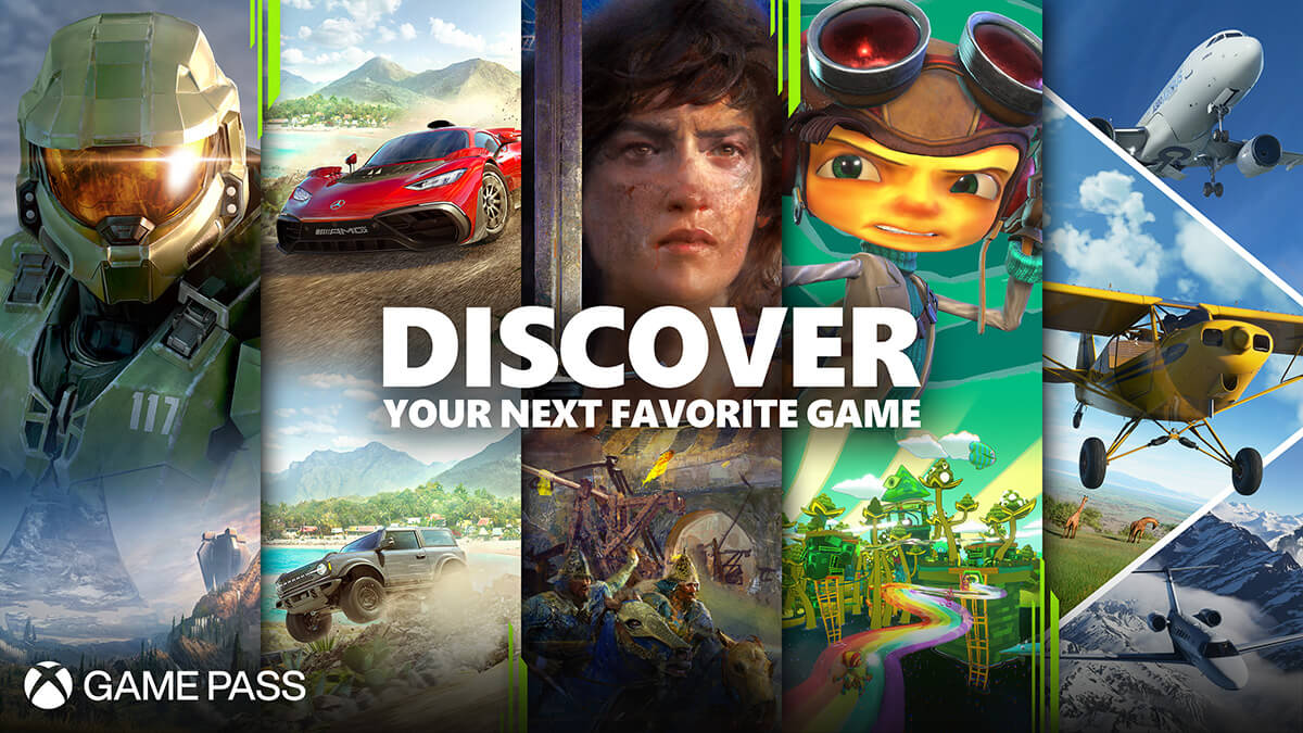 Xbox Game Pass 宣传影像，其中包括《最后一战》、《极限竞速》和《微软仿真飞行》系列。写有「探索下一个喜爱的游戏」文字