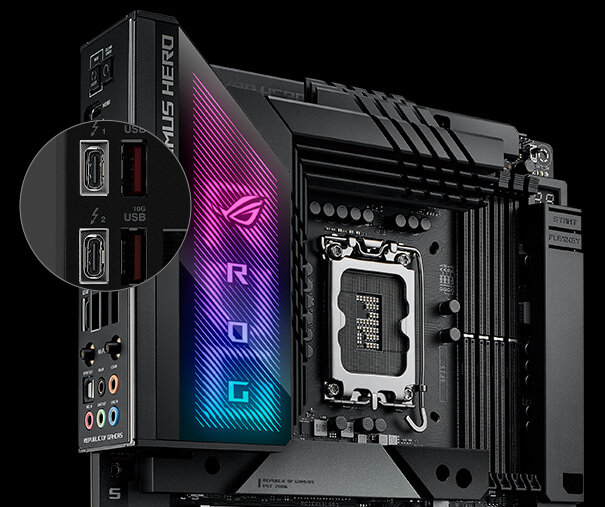 The ROG Maximus Z790 Hero BTF motherboard features two Thunderbolt 4 Type-C ports.
