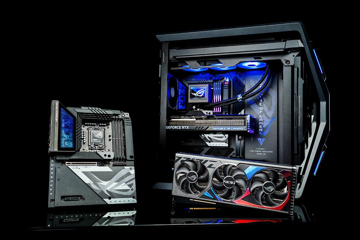 ROG BTF Ecosystem with ROG Maximus Z790 Hero BTF motherboard, ROG Strix GeForce RTX™ 4090 BTF Edition graphics card, and ROG Hyperion GR701 BTF Edition chassis