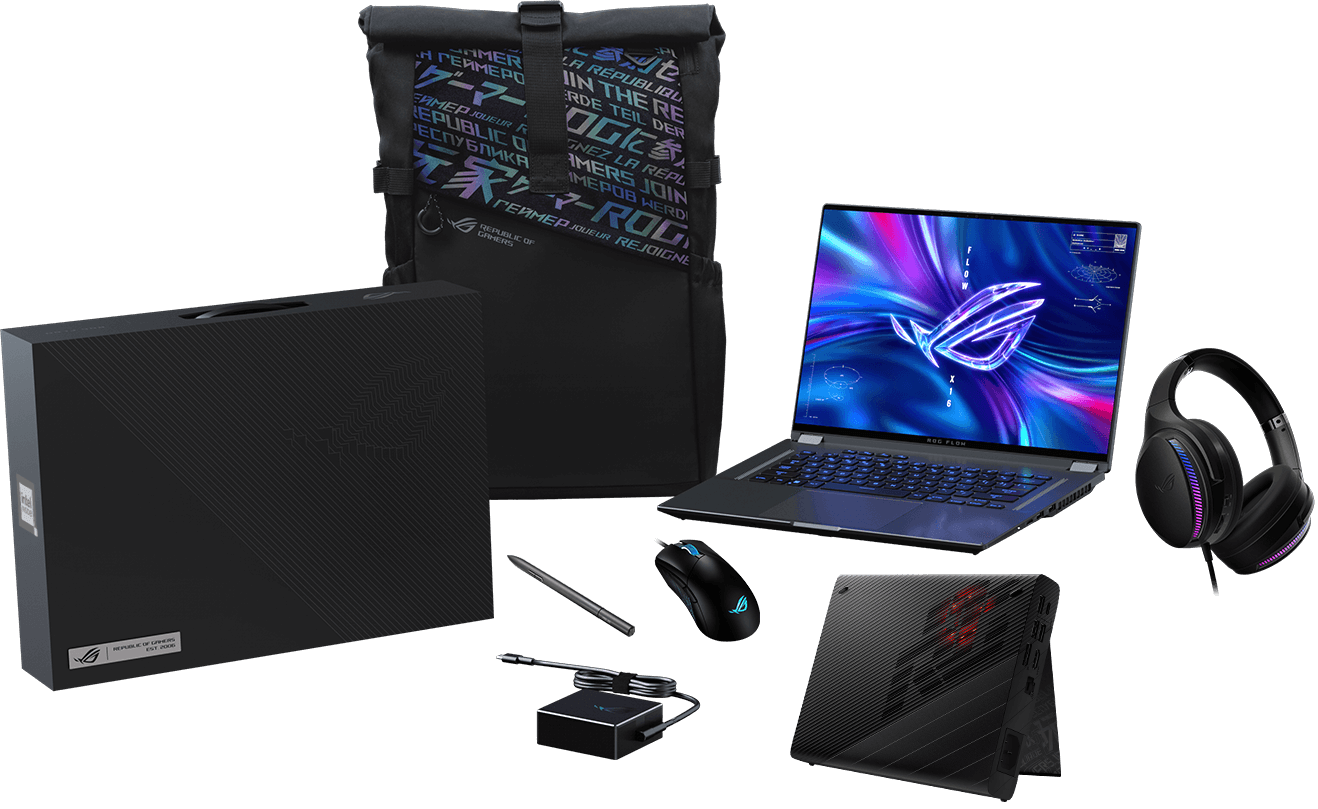 The ROG Flow X16 laptop alongside the XG Mobile, a headest, backpack, and box on a black background with the word “Bundle” in white text.