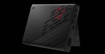 The ROG XG Mobile with its kickstand out on a black background